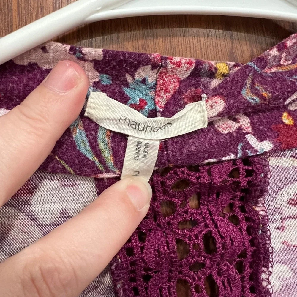Maurice Floral Cardigan Duster Plum Purple Crochet Trim Lightweight Size 2 - 2XL - Picture 4 of 7